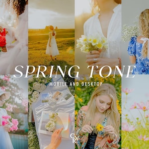 Peut inclure: Un collage d'images sur le thème du printemps. Les images comprennent une femme en robe blanche, un bouquet de fleurs blanches, une femme en robe bleue, une femme en robe fleurie et un champ de fleurs roses.