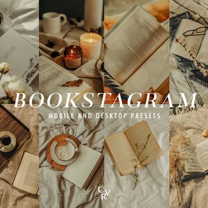 May include: A collage of images featuring books, coffee, candles, and other cozy items. The text "BOOKSTAGRAM MOBILE AND DESKTOP PRESETS" is displayed in the center of the image.