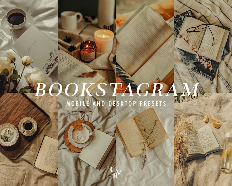 May include: A collage of images featuring books, coffee, candles, and other cozy items. The text "BOOKSTAGRAM MOBILE AND DESKTOP PRESETS" is displayed in the center of the image.