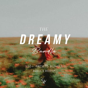 Könnte beinhalten: Verschwommenes Bild einer Person in einem roten Kleid, die durch ein Feld mit orangefarbenen Blumen rennt. Der Text "THE DREAMY Bundle" ist in Weiß überlagert, mit zusätzlichem Text, der 550+ Voreinstellungen für Mobilgeräte und Desktops angibt.