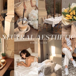 May include: A collage of images with a neutral aesthetic. The images include a woman in a beige dress, a coffee drink, a straw bag, white flowers, a table setting, a bouquet of yellow tulips, a woman in a beige jacket and white pants, and a woman in bed.