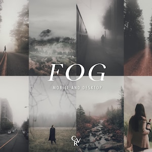 May include: A collage of eight images with a foggy theme. The images include a person walking on a road, a misty landscape, a person walking on a path, a road through a forest, a city street, a person in a field, a stream, and a person holding a bottle. The word "FOG" is displayed in white text.
