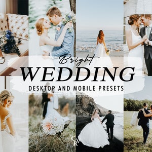 Puede incluir: Un collage de imágenes que muestran ajustes preestablecidos de fotografía de bodas. Las imágenes muestran parejas en varios entornos, incluida una playa, un bosque y una ciudad. El texto "Bright Wedding Desktop and Mobile Presets" se muestra en el centro del collage.