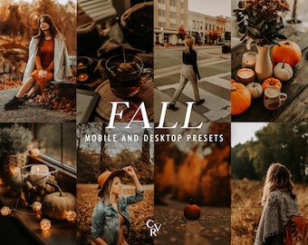 May include: A collage of images featuring fall-themed scenes, including a woman in a brown coat and a plaid skirt, a cup of tea, pumpkins, and a woman walking down a street. The text "FALL MOBILE AND DESKTOP PRESETS" is displayed in the center of the image.