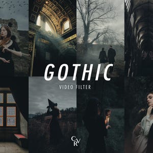 May include: A montage of gothic-themed images, featuring the word "GOTHIC" in white. The images include a woman in a black dress, a church interior, and a couple in a misty landscape. The words "VIDEO FILTER" are also displayed in white.