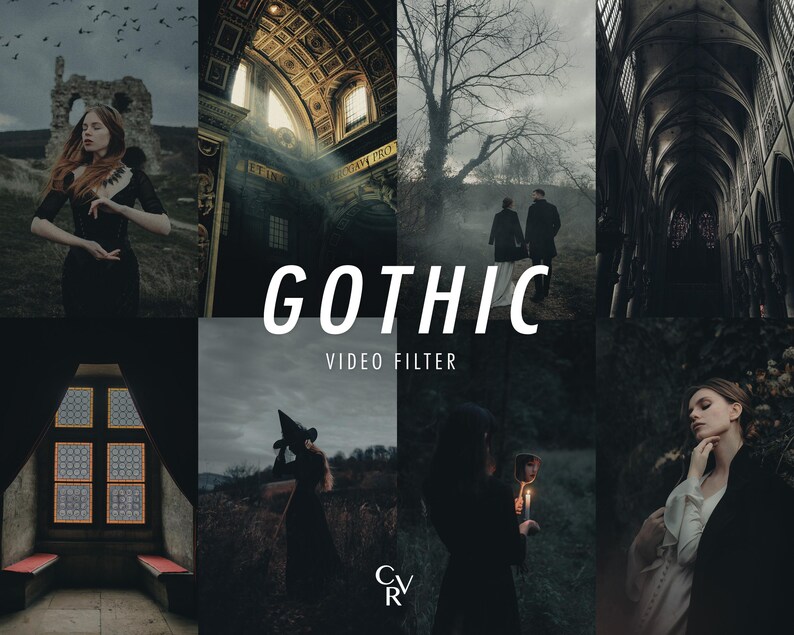 May include: A montage of gothic-themed images, featuring the word "GOTHIC" in white. The images include a woman in a black dress, a church interior, and a couple in a misty landscape. The words "VIDEO FILTER" are also displayed in white.