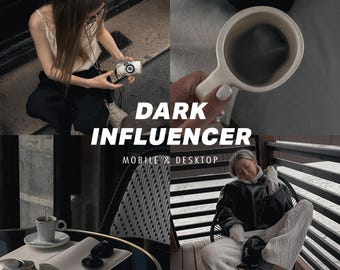 May include: A collage featuring four lifestyle images with a dark aesthetic. The text "DARK INFLUENCER" is displayed, along with "MOBILE & DESKTOP". The images include a person with a camera, a coffee cup, and a person relaxing.