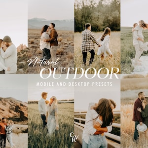 May include: A collection of digital presets for mobile and desktop editing. The presets are designed to create a natural outdoor look for photos. The image shows several couples in various outdoor settings.