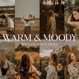 Könnte beinhalten: Eine Sammlung warmer und stimmungsvoller mobiler und Desktop-Presets für die Fotobearbeitung. Die Presets sind so konzipiert, dass Fotos einen warmen, vintage- und stimmungsvollen Look erhalten. Das Bild zeigt mehrere Beispiele dafür, wie die Presets zur Bearbeitung von Fotos verwendet werden können.