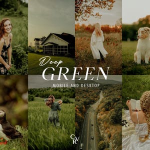 May include: A collage of images with a nature theme. Includes a woman in a floral dress, a barn, a person in a white coat, a dog, a puffin, a person in a green dress, a road, and a person reading. The text "Deep Green" is displayed.