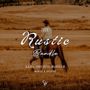 Peut inclure: Une publicité pour un produit numérique intitulée THE RUSTIC BUNDLE 650+ PRESETS BUNDLE MOBILE & DESKTOP avec un logo CRV en bas. L'image montre une personne portant un chapeau montant un cheval brun dans un champ sec et doré.