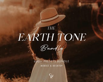 May include: A person wearing a straw hat with a white band and a white dress. The image has text that reads "THE EARTH TONE Bundle" and "600+ PRESETS BUNDLE MOBILE & DESKTOP". The image has a warm, golden color.