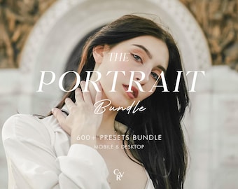 May include: A woman with long dark hair is wearing a white shirt. The text "THE PORTRAIT BUNDLE" is written in white letters on a blurred background. The text "600+ PRESETS BUNDLE" is written in white letters below the first text. The text "MOBILE & DESKTOP" is written in white letters below the second text. The text "CVR" is written in white letters below the third text.