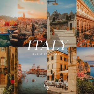 以下が含まれることがあります： イタリアの風景をコラージュした画像。カラフルな建物が並ぶ海岸沿いの町、歴史的建造物、賑やかな都市景観など、さまざまなシーンが写っています。「ITALY」の文字が大きく表示されています。