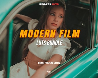 May include: A digital product advertisement featuring the text REC.709 LUTS, MODERN FILM LUTS BUNDLE, and 250+ VIDEO LUTS. The image displays a person wearing a white top with a tan waist tie and a crown, seated inside a teal-colored vehicle.