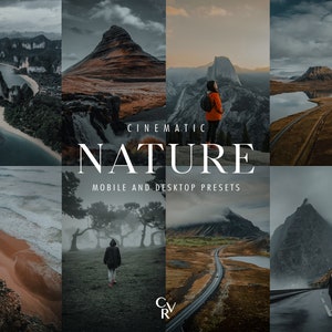 Könnte beinhalten: Eine Sammlung von cineastischen Natur-Presets für die mobile und Desktop-Bearbeitung. Die Presets zeigen eine Vielzahl von Landschaften, darunter Berge, Wälder und Strände. Die Presets sind so konzipiert, dass sie Ihren Fotos einen cineastischen Look und Feel verleihen.