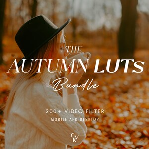 May include: An image with the text "THE AUTUMN LUTS Bundle" in a cursive font. The image shows a person wearing a black hat and white sweater holding a mug. The background is filled with autumn leaves and trees.