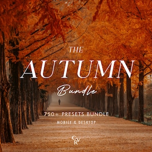 Może przedstawiać: Ścieżka otoczona wysokimi drzewami z żywymi pomarańczowymi jesiennymi liśćmi. Tekst głosi THE AUTUMN Bundle, 750+ PRESETS BUNDLE, MOBILE & DESKTOP oraz CRV. W oddali na ścieżce widoczna jest mała sylwetka osoby.