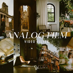 May include: A collage of images with a vintage aesthetic. The text "ANALOG FILM VIDEO FILTER" is overlaid on the images. The images include a classic car, architectural scenes, and interior design elements, all with a warm, film-like color palette.
