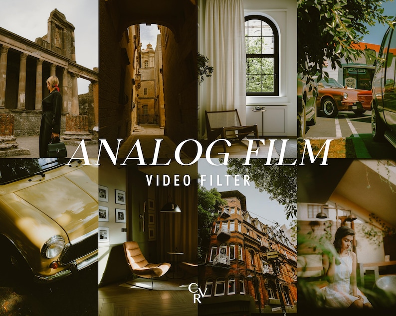 May include: A collage of images with a vintage aesthetic. The text "ANALOG FILM VIDEO FILTER" is overlaid on the images. The images include a classic car, architectural scenes, and interior design elements, all with a warm, film-like color palette.