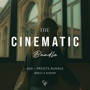 Könnte beinhalten: Eine Person steht vor einem Fenster mit dem Text "THE CINEMATIC Bundle 600+ PRESETS BUNDLE MOBILE & DESKTOP" auf dem Bild.