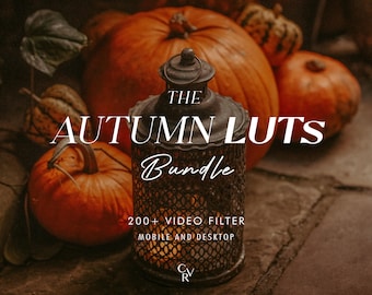 May include: An antique metal lantern with a decorative lattice design sits in front of several orange pumpkins. The text "THE AUTUMN LUTS Bundle" is displayed in white, along with "200+ VIDEO FILTER MOBILE AND DESKTOP".