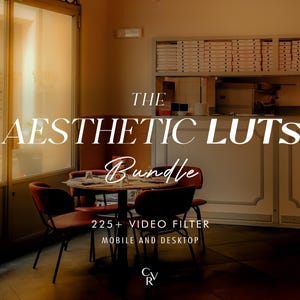 May include: A restaurant interior featuring a table and chairs. The image displays the text "THE AESTHETIC LUTS BUNDLE" in a decorative font. The words "225+ VIDEO FILTER MOBILE AND DESKTOP" are also visible.