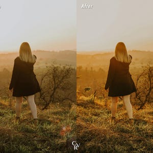 May include: A person wearing a black coat stands in a field with tall grass. The person is facing away from the camera and the sun is setting in the background.