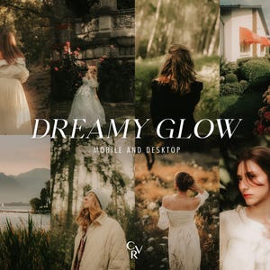 May include: A collage of images with a dreamy aesthetic. The text "DREAMY GLOW" is displayed in the center. The images feature women in various outdoor settings, including a lake, garden, and forest. The color palette is soft and muted, with a focus on natural light.