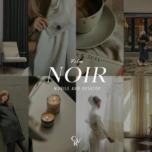 Puede incluir: Un collage de imágenes que presenta una variedad de escenas, incluyendo una mujer con un abrigo blanco, una taza de café, una vela, una novia con un vestido blanco y una habitación con una silla y cortinas. El texto "Film Noir" se muestra en el centro del collage.
