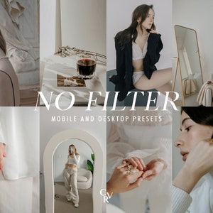May include: A collage of images showcasing a collection of mobile and desktop presets called "NO FILTER". The images feature a woman wearing various outfits and jewelry, a glass of red wine, and a white couch.