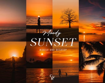 15 ajustes preestablecidos de Lightroom para puesta de sol. Para escritorio y móvil. Amanecer, sol, exteriores, tonos cálidos, naranja y filtro oscuro para fotografía y edición de fotos.
