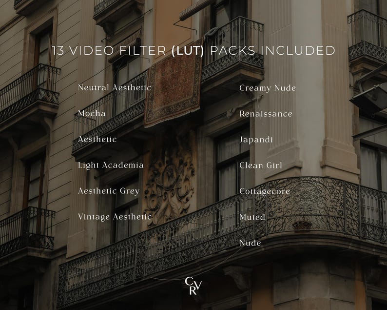 May include: Image showcasing a building facade with balconies and decorative elements. Text overlay indicates "13 VIDEO FILTER (LUT) PACKS INCLUDED" with various aesthetic filter names like "Neutral Aesthetic" and "Creamy Nude". The overall theme is related to video editing.