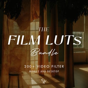 May include: A photo of a room with curtains and a window. The text "THE FILM LUTs Bundle 200+ VIDEO FILTER MOBILE AND DESKTOP" is displayed on the curtains.
