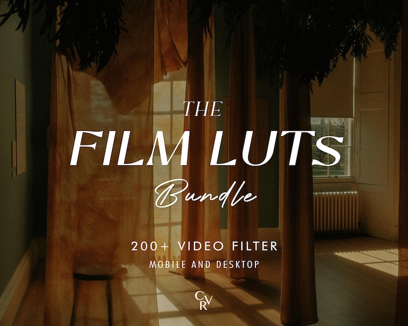 May include: A photo of a room with curtains and a window. The text "THE FILM LUTs Bundle 200+ VIDEO FILTER MOBILE AND DESKTOP" is displayed on the curtains.