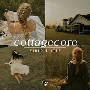 May include: A collage featuring a woman with a braided hairstyle reading a book, a running figure in a white dress, and a woman in a green dress. The text "cottagecore VIDEO FILTER" is overlaid on the image, with a logo in the bottom right corner.