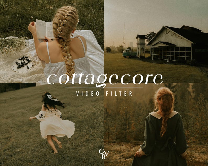 May include: A collage featuring a woman with a braided hairstyle reading a book, a running figure in a white dress, and a woman in a green dress. The text "cottagecore VIDEO FILTER" is overlaid on the image, with a logo in the bottom right corner.