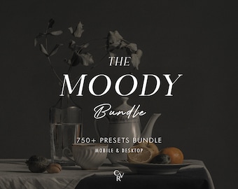 May include: A still life image with a dark background featuring a white teapot, a clear glass vase with dried branches, a white teacup, and a bowl of fruit. The text "THE MOODY Bundle 750+ PRESETS BUNDLE MOBILE & DESKTOP" is displayed in white text on a black background.