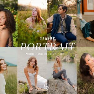 May include: A collage of eight senior portraits featuring diverse individuals in outdoor settings, including fields, parks, and urban areas. The text SENIOR PORTRAIT MOBILE AND DESKTOP PRESETS is centered in white, with a small CRV logo at the bottom.