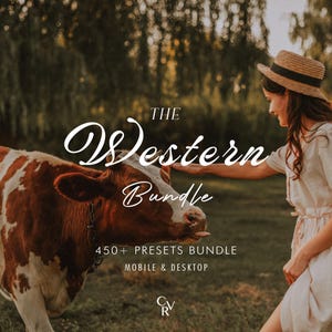 May include: A woman in a straw hat and dress gently touches a brown and white cow in a field. The image includes the text "The Western Bundle" and "450+ Presets Bundle Mobile & Desktop."