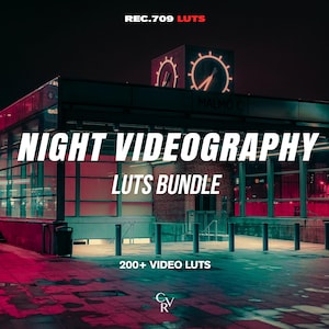 May include: A digital product bundle titled REC.709 LUTS, NIGHT VIDEOGRAPHY LUTS BUNDLE, and 200+ VIDEO LUTS. The image features a night scene of a modern building entrance with glass walls, red lighting, and a clock tower, overlaid with white text.