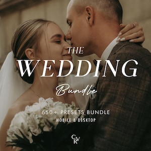 May include: A bride and groom are embracing, with the text "THE WEDDING Bundle 650+ PRESETS BUNDLE MOBILE & DESKTOP" superimposed on the image.