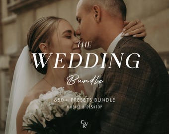 May include: A bride and groom are embracing, with the text "THE WEDDING Bundle 650+ PRESETS BUNDLE MOBILE & DESKTOP" superimposed on the image.