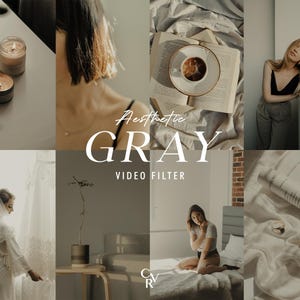 May include: Aesthetic gray video filter advertisement. The image is a collage of lifestyle photos in muted tones. It includes candles, coffee, books, and a woman on a balcony. The text "Aesthetic GRAY VIDEO FILTER" is prominently displayed.