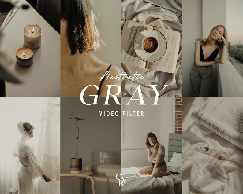 May include: Aesthetic gray video filter advertisement. The image is a collage of lifestyle photos in muted tones. It includes candles, coffee, books, and a woman on a balcony. The text "Aesthetic GRAY VIDEO FILTER" is prominently displayed.