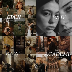 May include: A collection of images showcasing different video filters, including "EDEN", "B&W", "RAINY", and "DARK ACADEMIA". Each filter presents a distinct visual style, with images of people, natural landscapes, and urban scenes.