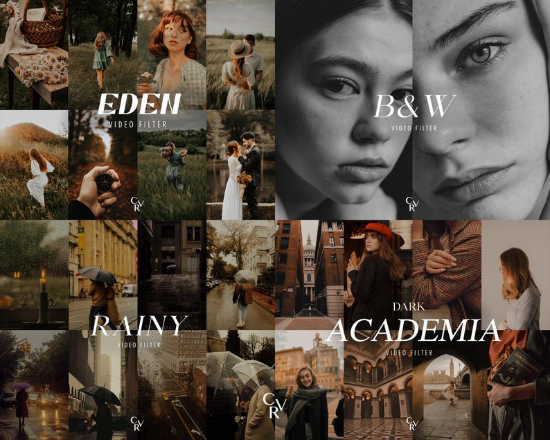May include: A collection of images showcasing different video filters, including "EDEN", "B&W", "RAINY", and "DARK ACADEMIA". Each filter presents a distinct visual style, with images of people, natural landscapes, and urban scenes.