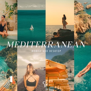 Puede incluir: Un collage de imágenes que muestran el estilo de vida mediterráneo. Las imágenes incluyen una mujer en traje de baño, un velero en el agua, una mujer de pie en una roca, una costa rocosa, una playa con sombrillas y una persona nadando en el océano.