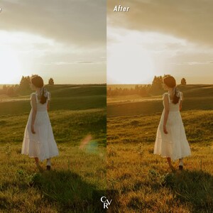 May include: A woman in a white dress walks through a field of grass. The sun is setting in the background, casting a warm glow on the scene.