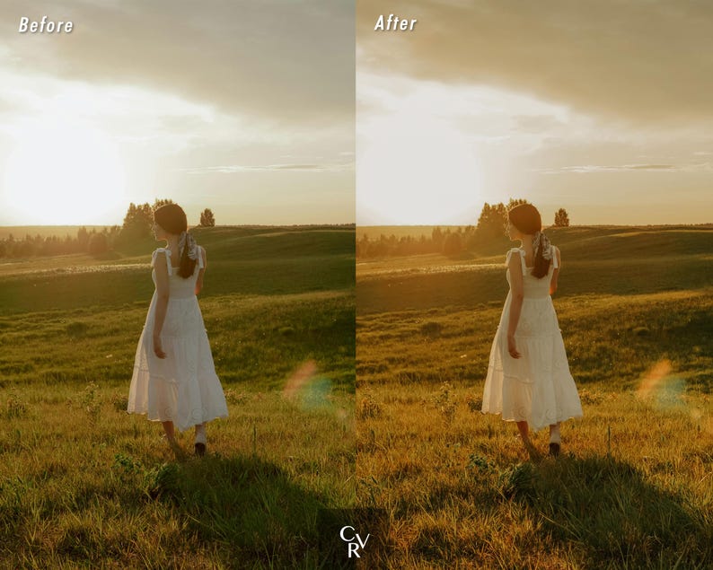 May include: A woman in a white dress walks through a field of grass. The sun is setting in the background, casting a warm glow on the scene.